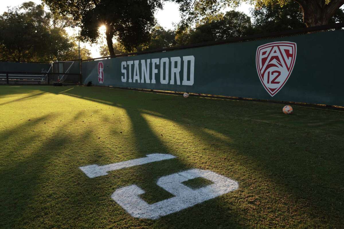 Katie Meyer’s Jersey number has been painted onto Maloney Field at Cagan Stadium as the women’s Stanford soccer team prepares to compete against UCLA on Friday, October 14, 2022, in Stanford, Calif. Meyer, a former goalie, committed suicide earlier this year. Her teammates are remembering her with tonight’s mental health game.