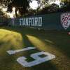 Katie Meyer’s Jersey number has been painted onto Maloney Field at Cagan Stadium as the women’s Stanford soccer team prepares to compete against UCLA on Friday, October 14, 2022, in Stanford, Calif. Meyer, a former goalie, committed suicide earlier this year. Her teammates are remembering her with tonight’s mental health game.