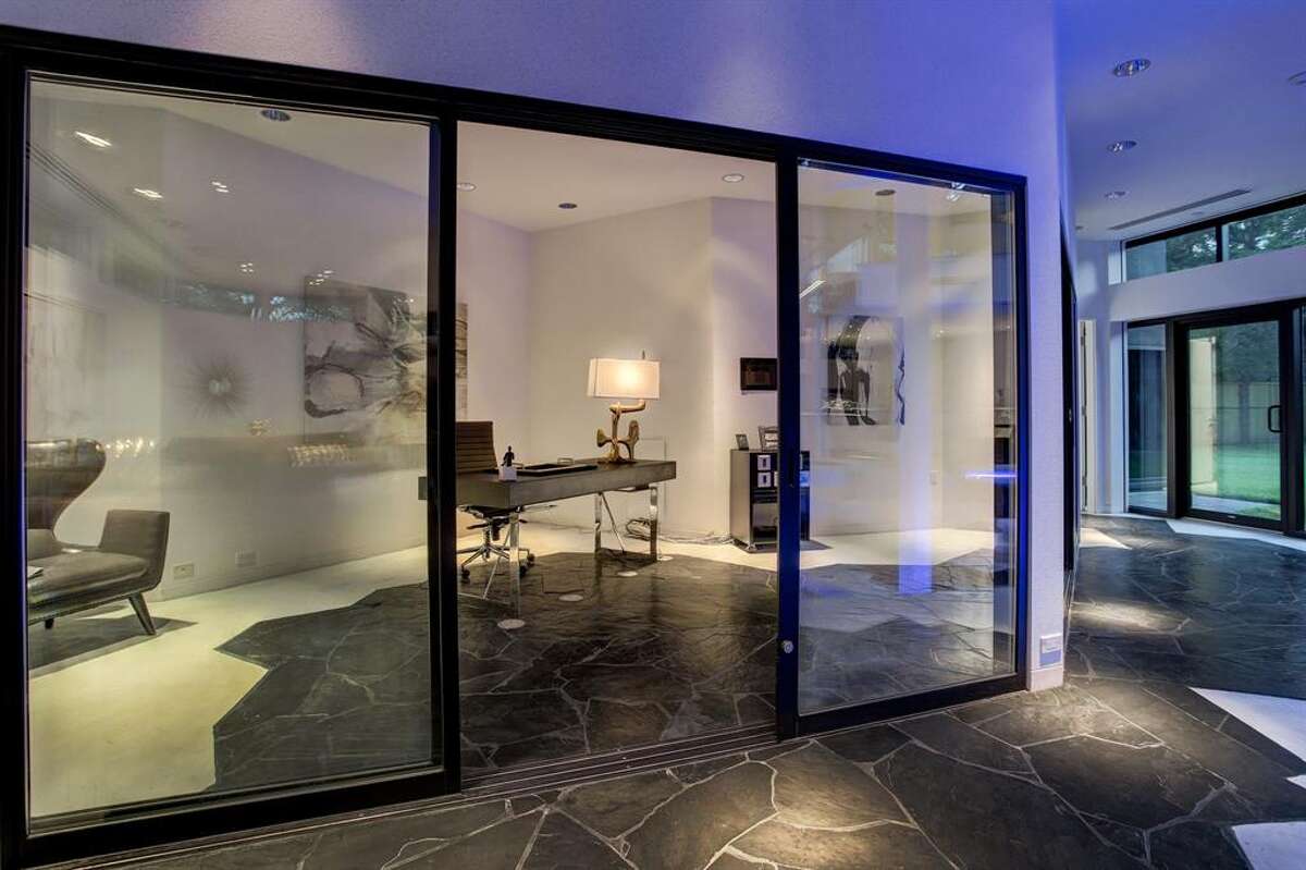 Office with sliding glass doors