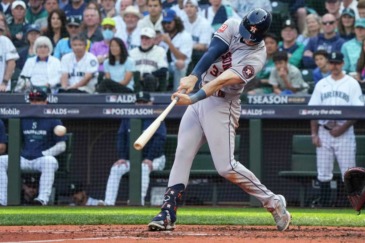 Houston Astros right fielder Kyle Tucker singles off Seattle Mariners starting pitcher George Kirby during the fourth inning of Game 3 of the American League Division Series on Saturday, Oct. 15, 2022, in Seattle.
