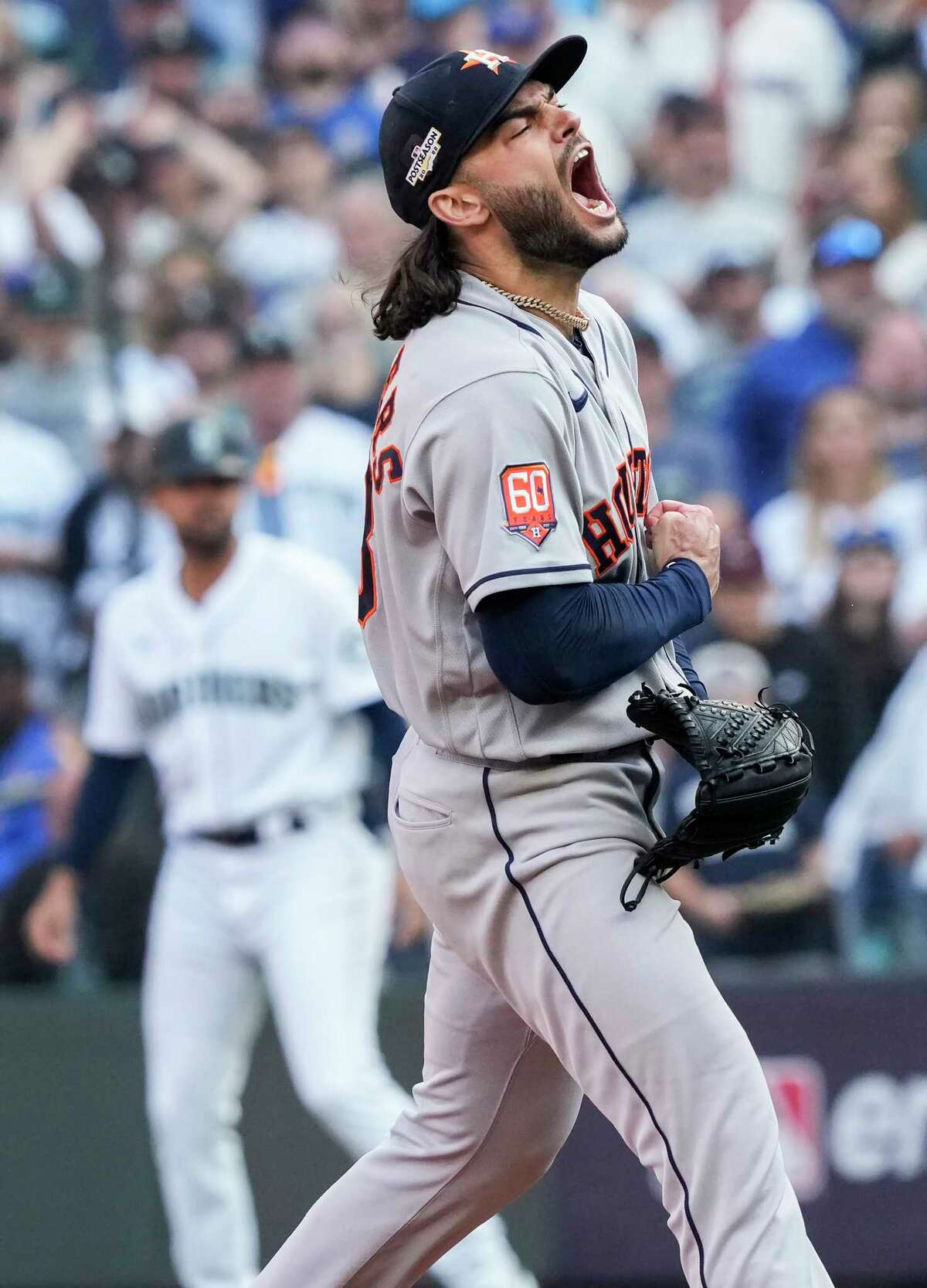Houston Astros starting pitcher Lance McCullers Jr. reacts after striking out Seattle Mariners center fielder Julio Rodriguez to end the fifth inning of Game 3 of the American League Division Series on Saturday, Oct. 15, 2022, in Seattle.