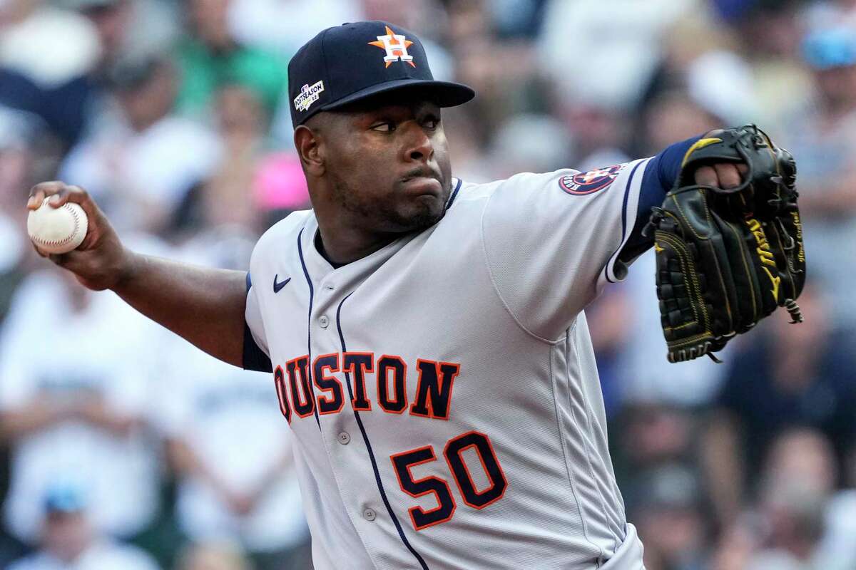 Houston Astros relief pitcher Hector Neris pitches against the Seattle Mariners during the seventh inning of Game 3 of the American League Division Series on Saturday, Oct. 15, 2022, in Seattle.