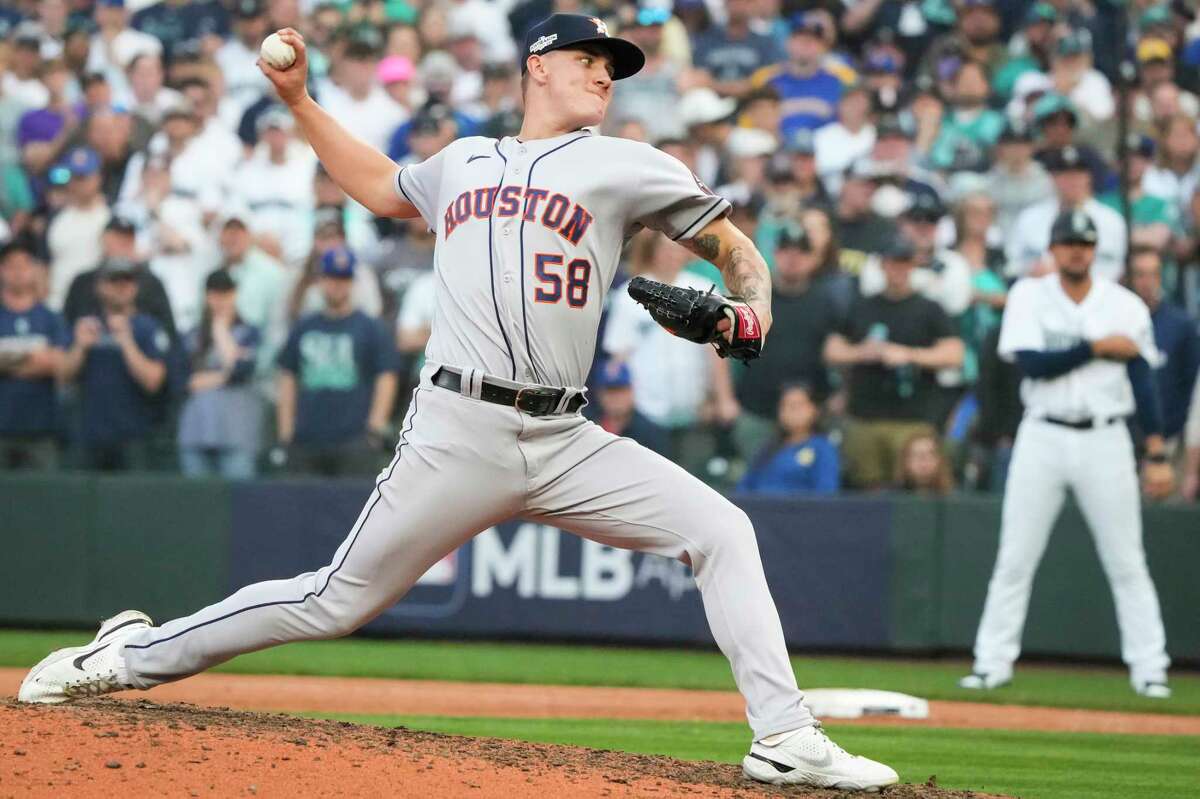 Houston Astros pitcher Hunter Brown throws against the Seattle Mariners during the 12th inning of Game 3 of the American League Division Series on Saturday, Oct. 15, 2022, in Seattle.