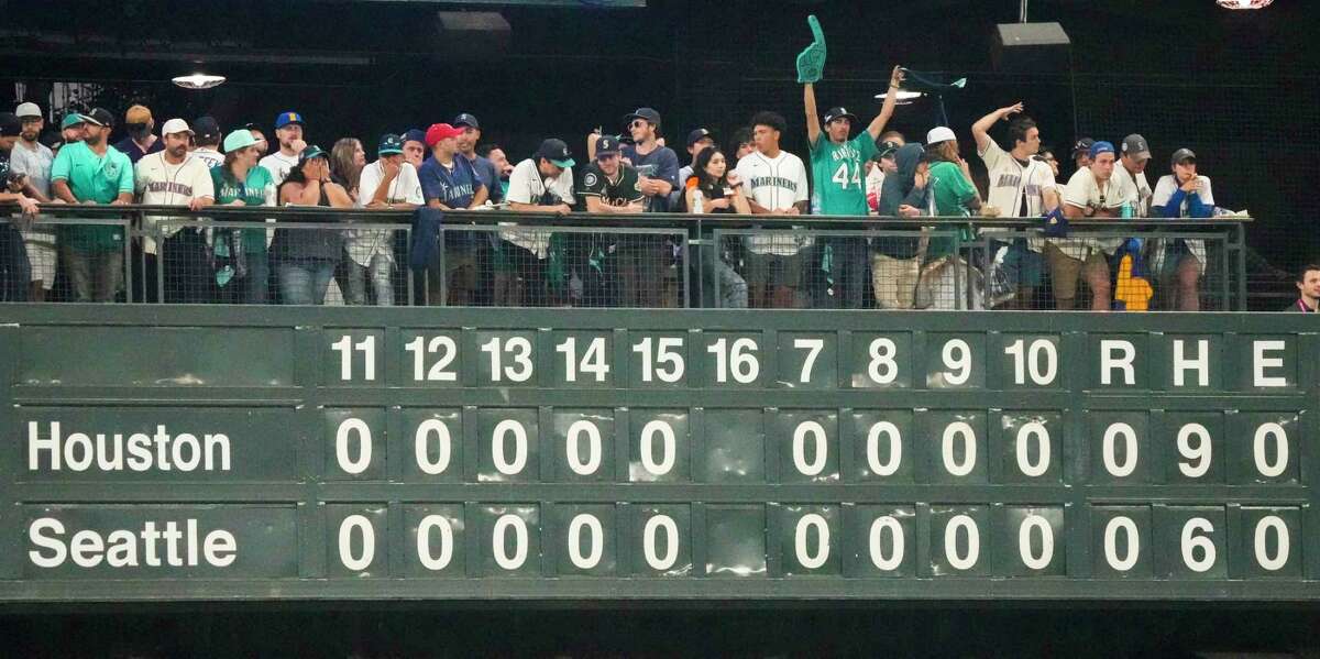 Nothing but zeroes in the scoring column on the scoreboard going into the 16th inning of Game 3 of the American League Division Series on Saturday, Oct. 15, 2022, in Seattle.