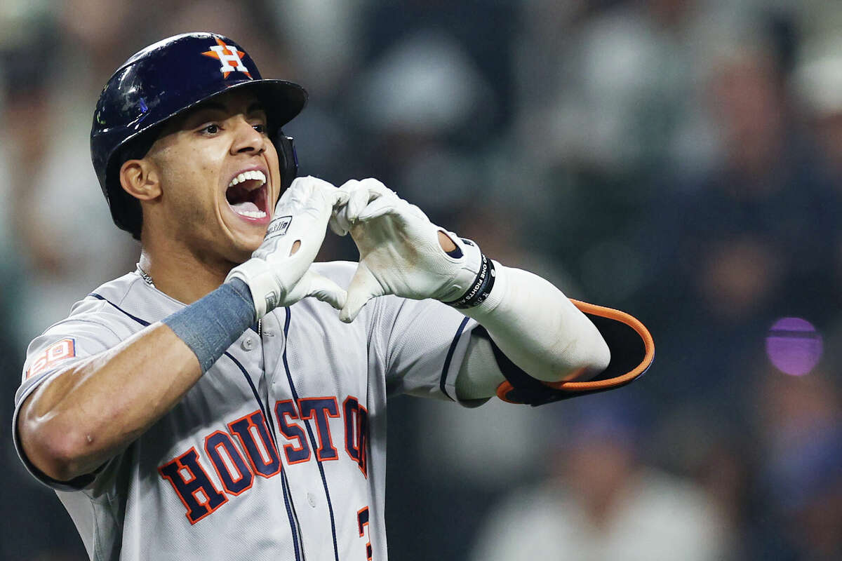 SEATTLE, WASHINGTON - OCTOBER 15: Jeremy Pena #3 of the Houston Astros reacts after hitting a solo home run during the eighteenth inning against the Seattle Mariners in game three of the American League Division Series at T-Mobile Park on October 15, 2022 in Seattle, Washington. (Photo by Rob Carr/Getty Images)