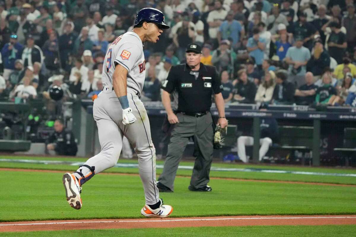 Houston Astros shortstop Jeremy Peña round the bases after hitting a solo home run against the Seattle Mariners during the 18th inning of Game 3 of the American League Division Series on Saturday, Oct. 15, 2022, in Seattle.