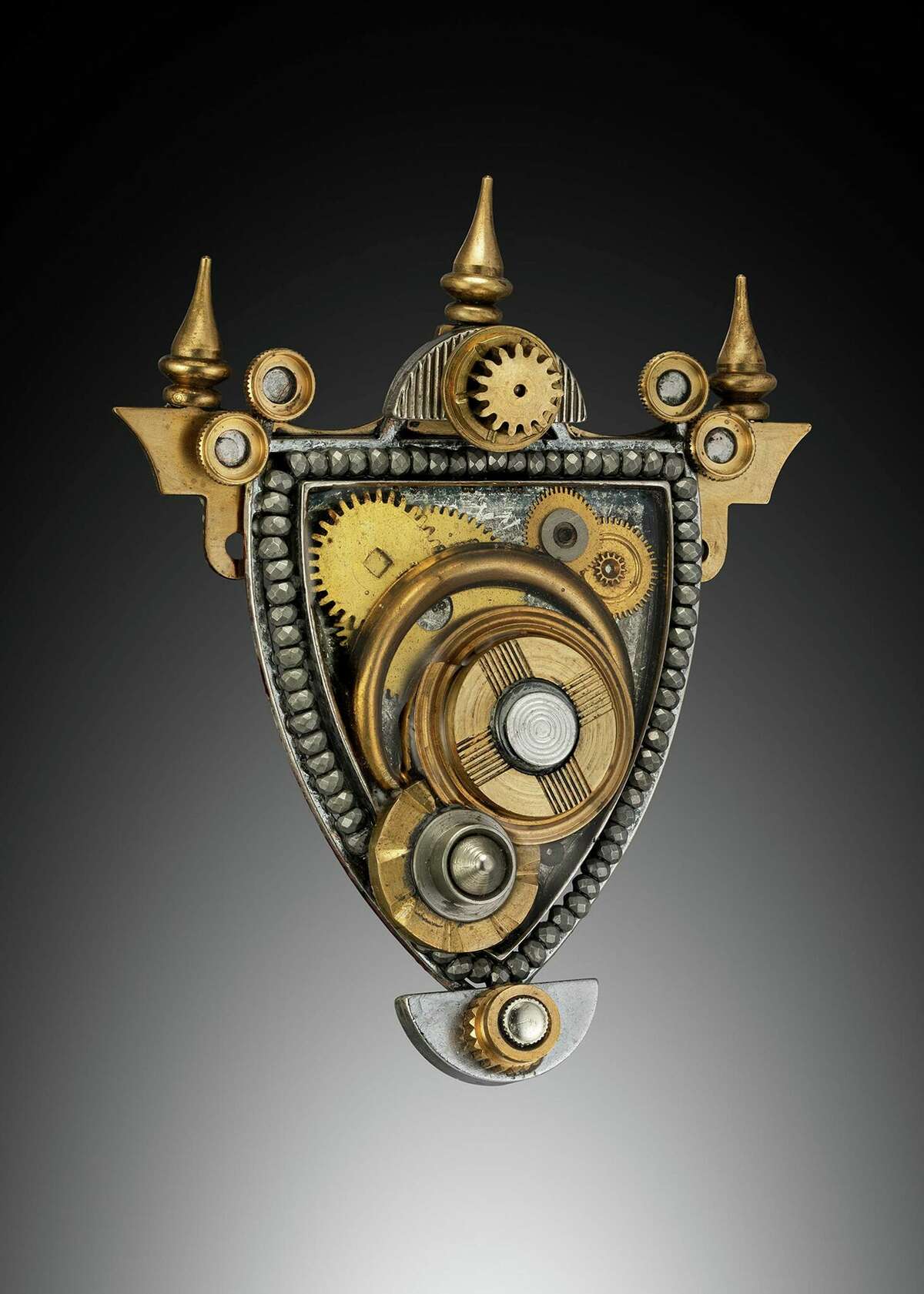 Ann Pedro, "Shield" pendant, vintage brass gears, aluminum, steel, resin, hematite beads, found objects
