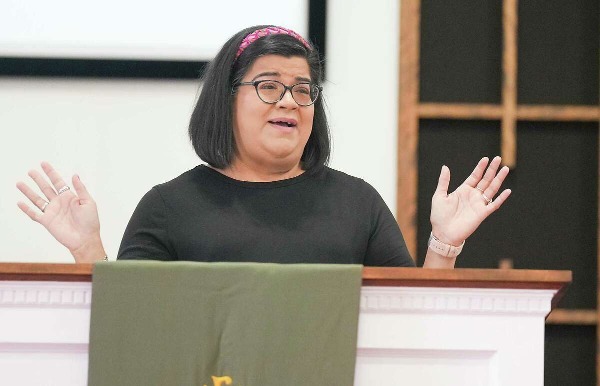 Pastor Mireya Martinez speaks during mass at Pattison United Methodist Church on Sunday, Oct. 16, 2022 in Pattison. 