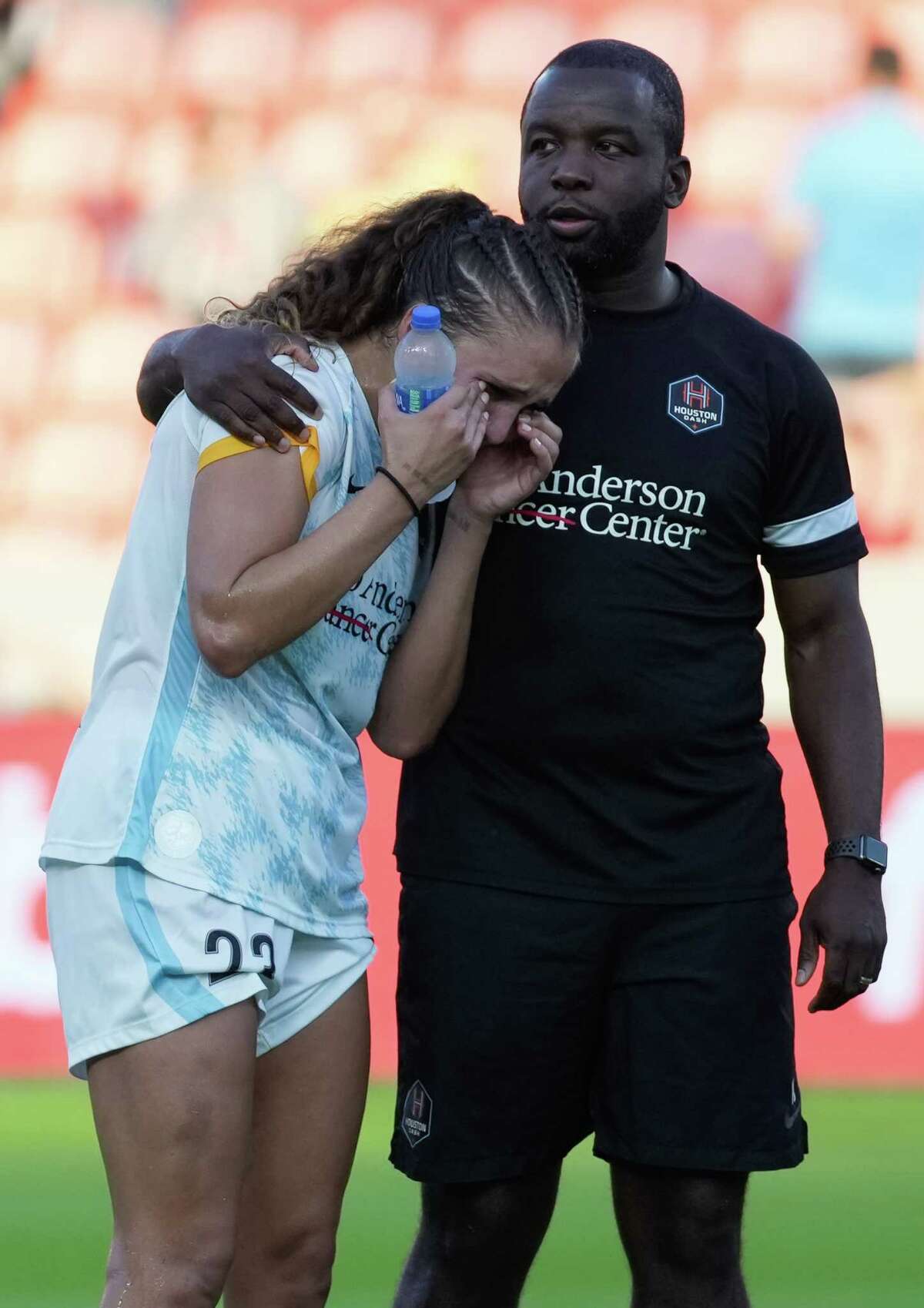 Houston Dash defender Ally Prisock (23) is emotional after losing the National Women's Soccer League quarter final playoff match to Kansas City Current Sunday, Oct. 16, 2022, at PNC Stadium in Houston. Kansas City Current defeated Houston Dash 2-1 in stoppage time.