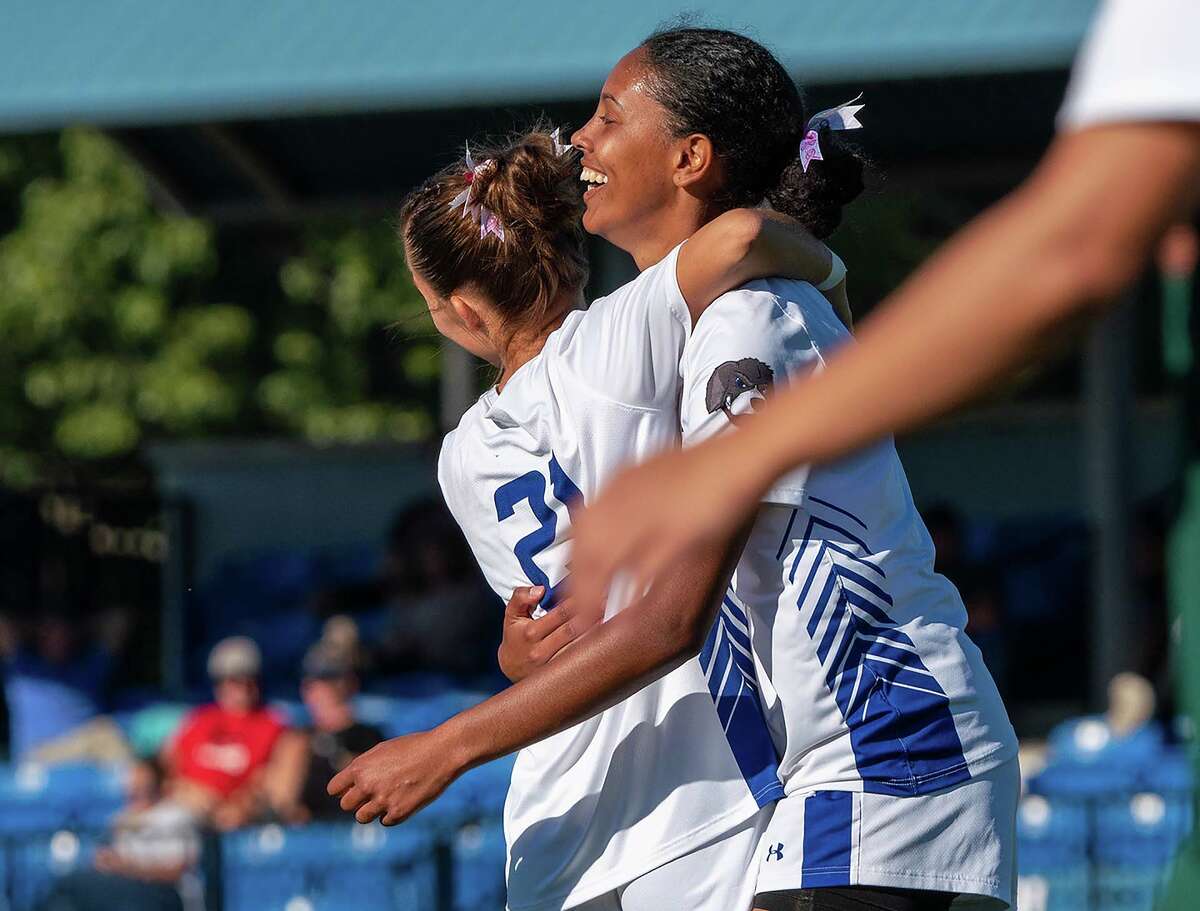 LCCC's Anaé Roberts, right, and teammate Skylar Nickel celebrate a goal. Roberts assisted Roberts on a first-half goal and later scored the game winner in the 86th minute of Sunday's 2-1 win over St. Louis Community College at Tim Rooney Stadium.