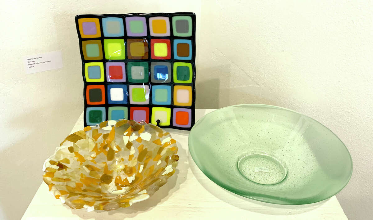 Glass fusion works by Ed Esclovon, and Eddie Markey are on display at The Art Studio, Inc. and Beaumont Community Players' lobby. Proceeds benefit the two non-profit organizations. Phot by Andy Coughlan