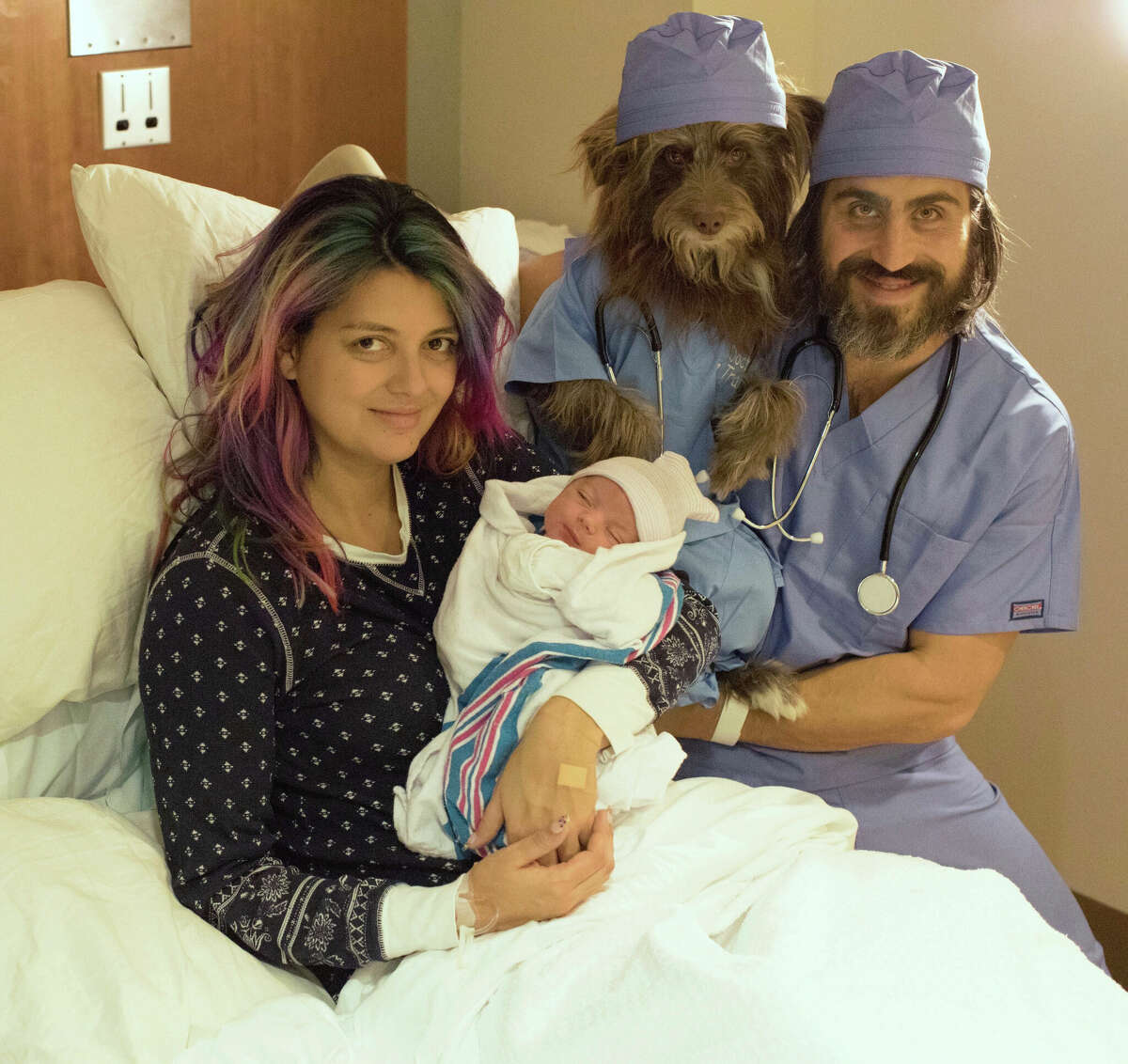 Greenwich residents Chantal Adair and Topher Brophy are celebrating the birth of their first child with their dog Rosenberg, who Adair plans to join the family at the hospital in two sands.  Brophy writes about the surprise planned by his wife in his book "Dad Dog."