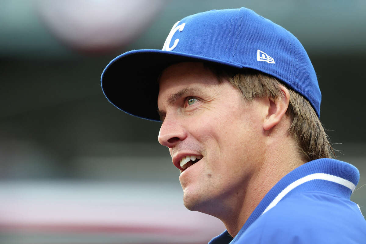 Zack Greinke of the Kansas City Royals reacts from the dugout during the first inning against the Seattle Mariners at T-Mobile Park on April 22, 2022 in Seattle, Washington.