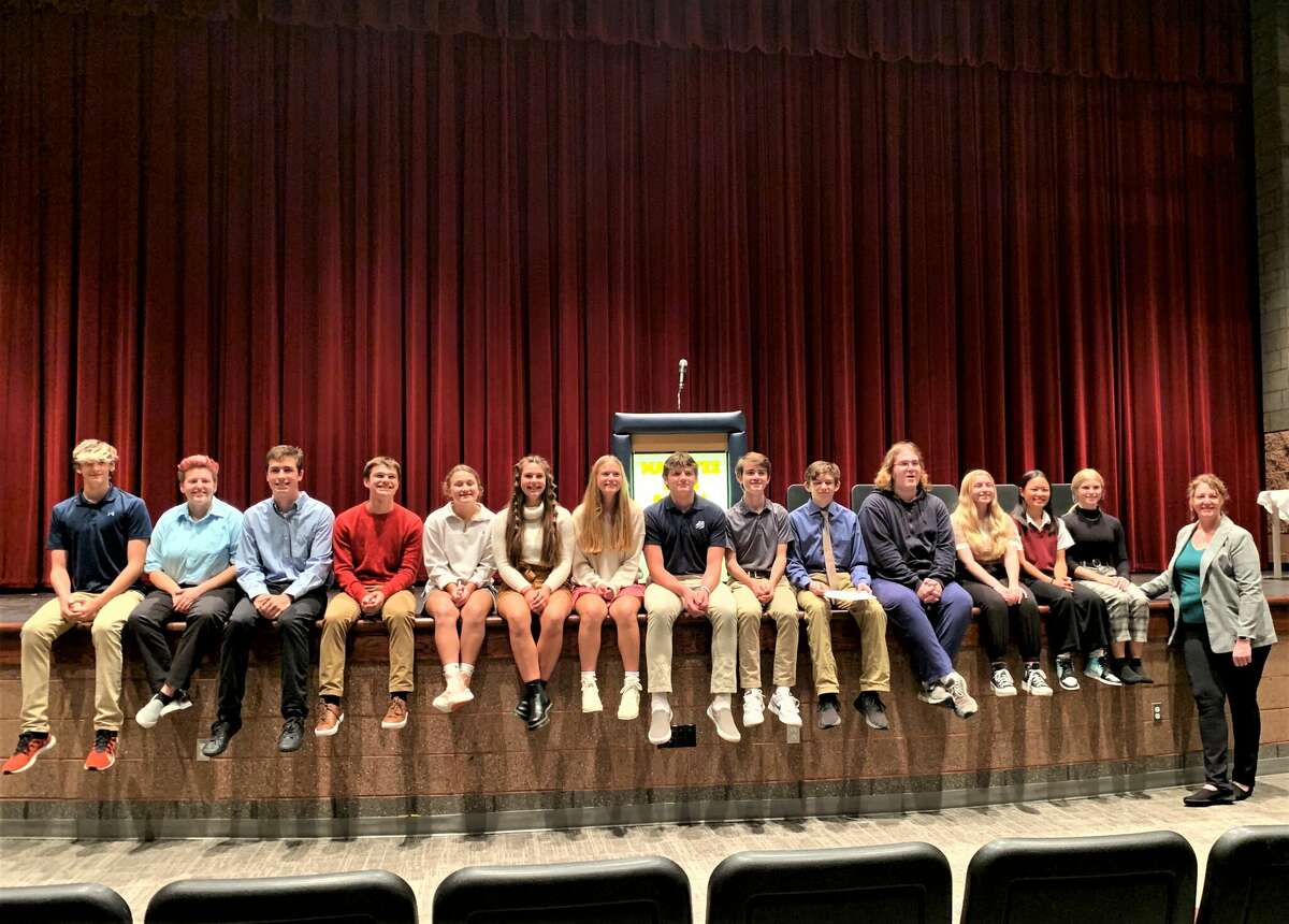 Manistee High School inducted 18 members into its National Honor Society chapter last week. Pictured are new inductees Alec Lampen, Jazlyn Madsen, Oliver Holtgren, Trevor Haag, Reese Superczynski-Shively, Isabella Sagala, Kate Somsel, Braydon Sorenson, Jack O’Donnell, Noah Maue, Andrew McGaffigan, Zoey Smith, Annika Haag and Sarah Huber; and advisor Amanda Clemons. Not pictured: Cadence Brown and Hanna Konen.