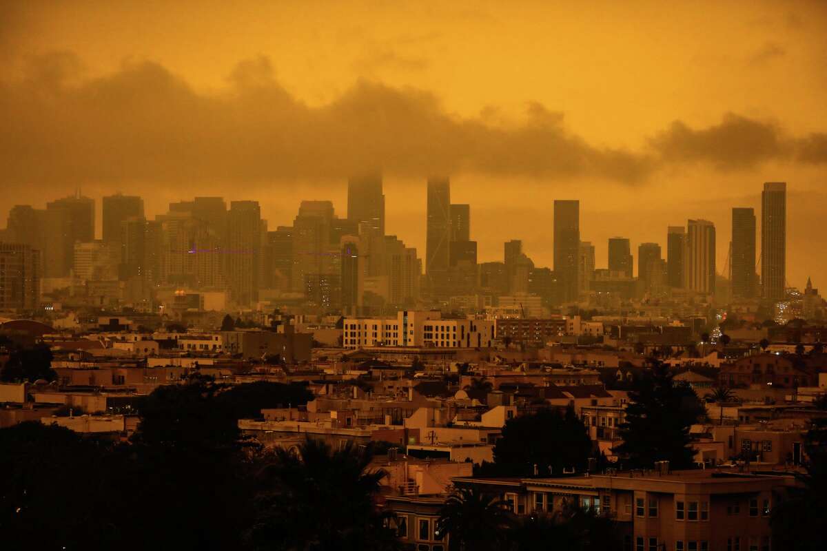 Downtown San Francisco is seen covered in haze and smoke from wildfires in September 2020. Emissions from the wildfires are a huge source of untallied greenhouse gas emissions.
