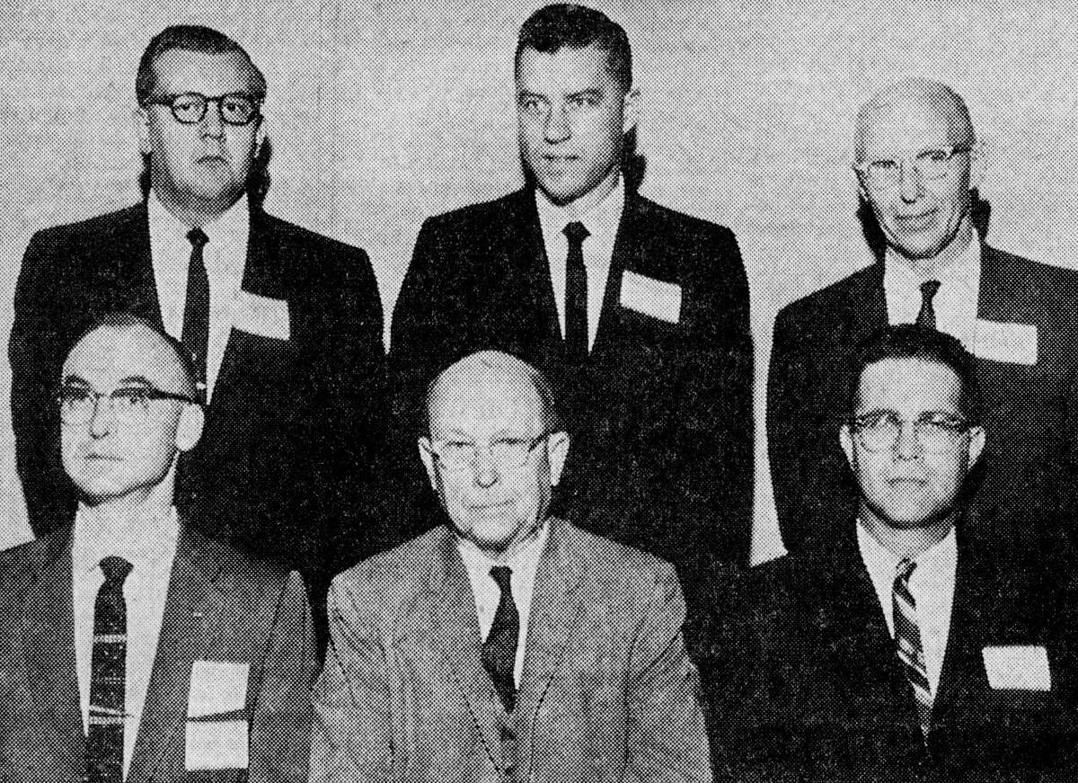The Michigan Division of the Paper Industry Management Association is hosting a working conference at the Hotel Chippewa today and tomorrow. About 125 people are in attendance at the conference. (From left, seated) J.B. Descamp,  John Fanselow, William Pasha. (Standing) David Paavila, Harry Abramowski and Hugh Wilson. The photo was published in the News Advocate on Oct. 19, 1962.