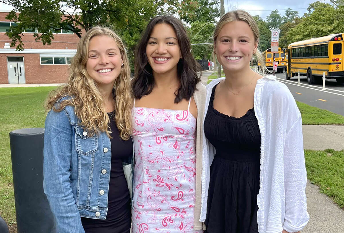 Guilford 2022 girls swimming and diving senior tri-captains Rylan Jacobson, Grace Young and Charlotte Martocci.