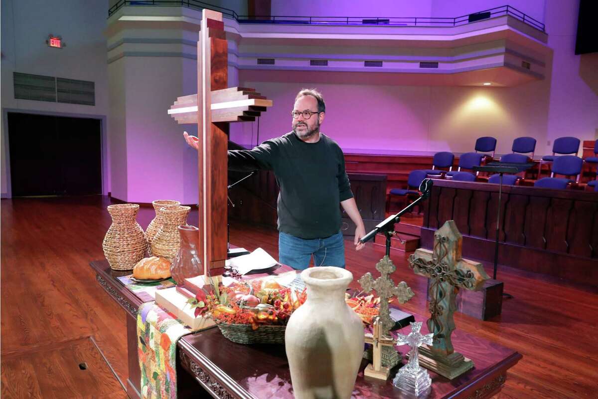 Dr. Joel Plaag, director of traditional worship, gives a tour of the restored sanctuary, flooded during Hurricane Harvey, that will be used for the upcoming Spring Interfaith Thanksgiving Service to be held in The Centrum event center at the Cypress Creek Christian Church Tuesday, Oct. 18, 2022 in Spring, TX.
