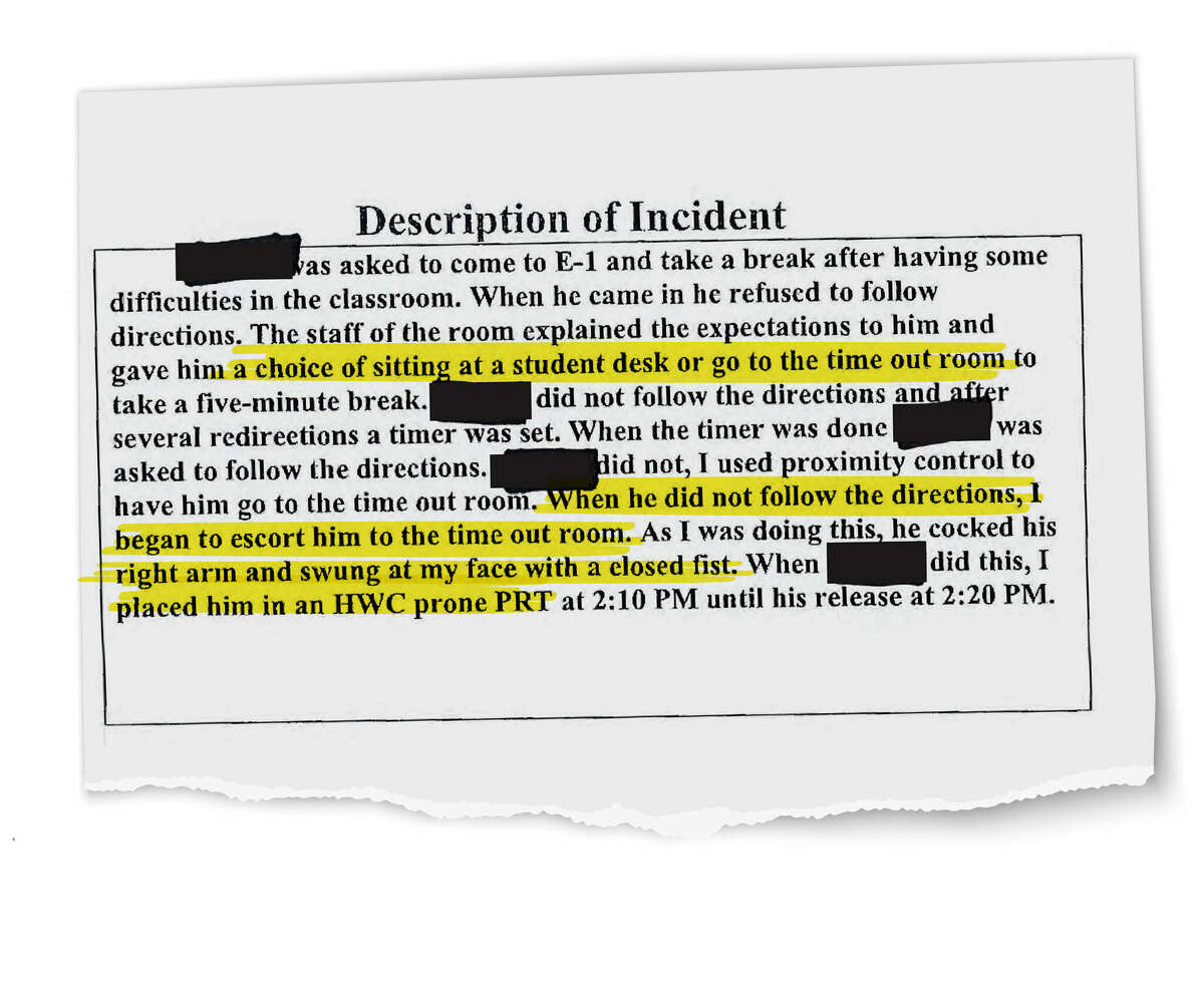 An excerpt from a report documenting an incident in September 2018 in which a 10-year-old child was held by educators in a prone restraint for 10 minutes at Sullivan BOCES.