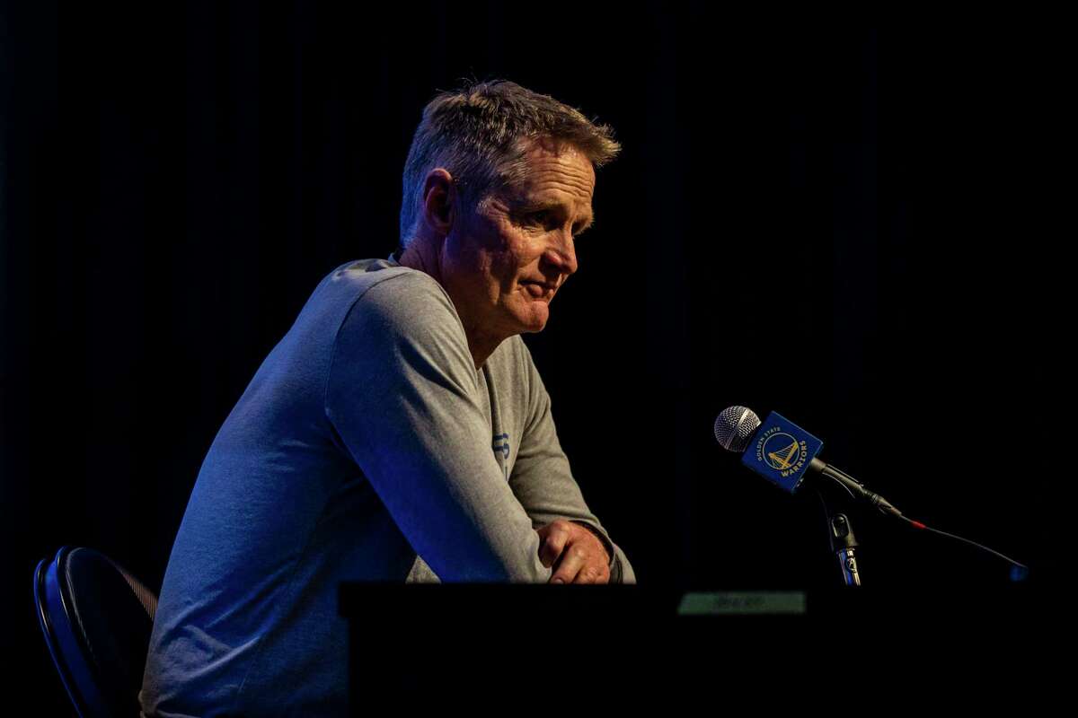 Golden State Warriors Head Coach Steve Kerr speaks to members of the media after practice at Chase Center in San Francisco, Calif. Thursday, Oct. 13, 2022.