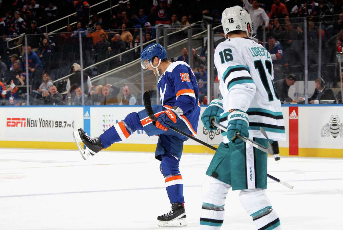 Oliver Wahlstrom celebrates one of his two goals during the Islanders’ 5-2 victory over the Sharks.
