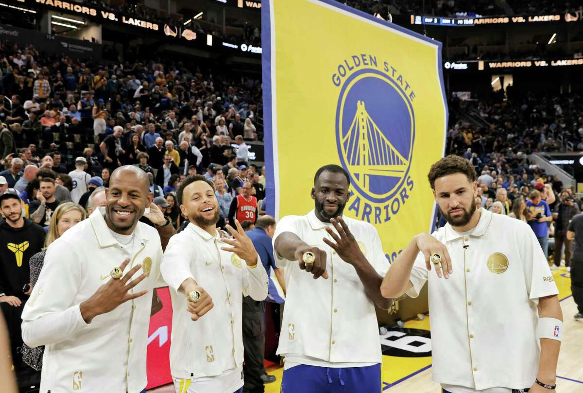 The Golden State Warriors received their 2021-22 NBA Championship rings and raised the Championship banner during a pre-game ceremony before they played the Los Angeles Lakers in their home opener at Chase Center  in San Francisco, Calif., Tuesday, Oct. 18, 2022.