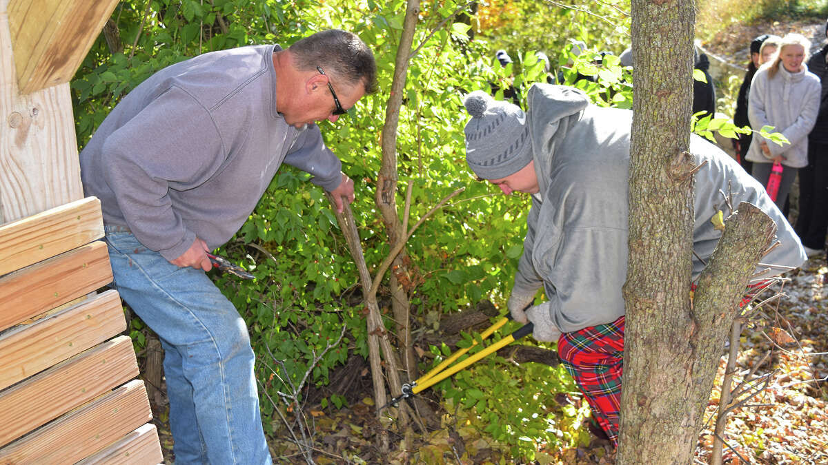 Connor Herrin, right, helps cut down bush honeysuckle under the supervision of Illinois Department of Natural Resources forester Scott Lamer at the Doe Run Education Works near Roodhouse on Wednesday.