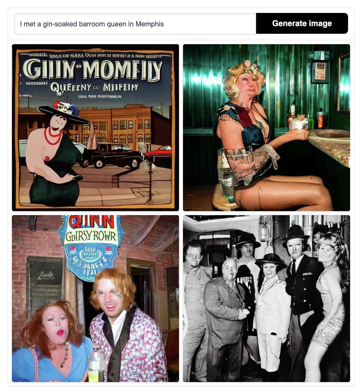 The Stable Diffusion text2image model generated these pictures based on the opening line from the Rolling Stones song "Honky Tonk Women": "I met a gin-soaked barroom queen in Memphis."