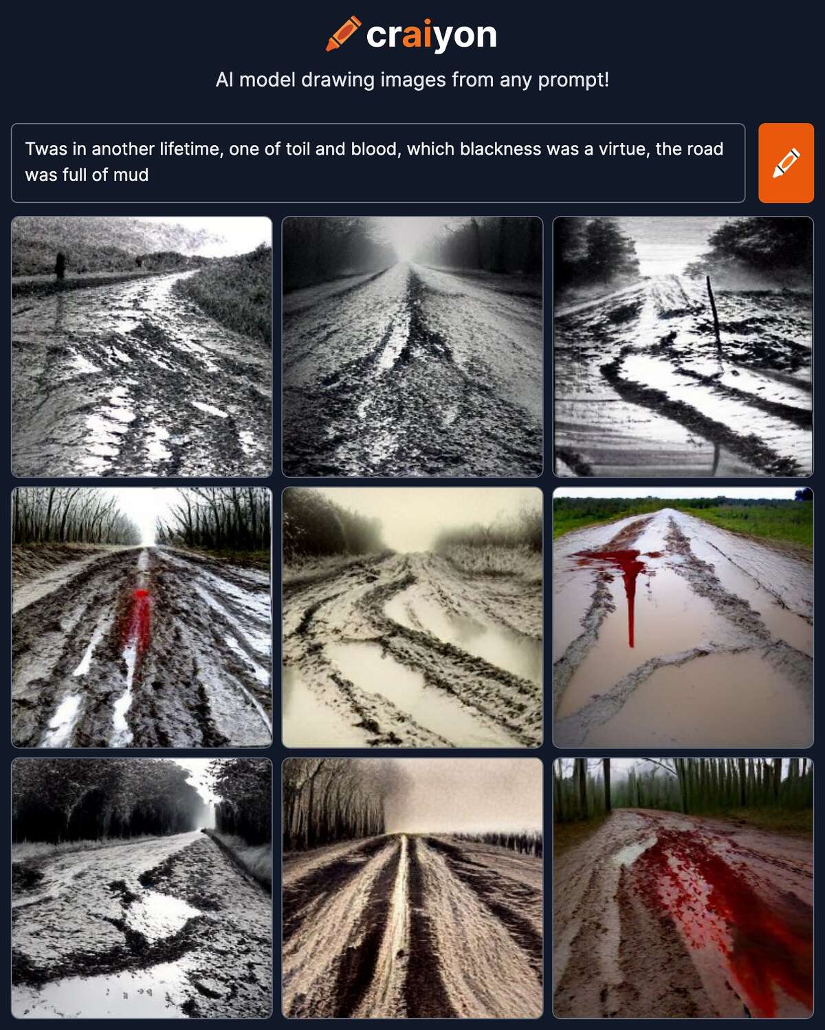 Song lyrics frequently generate interesting pictures in text2image AI models. The text prompt "Twas in another lifetime, one of toil and blood, when blackness was a virtue, the road was full of mud" from Bob Dylan's "Shelter from the Storm" was entered into the AI model Craiyon. 