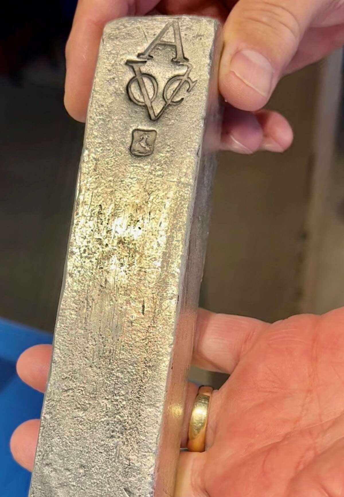 This silver bar is one of many pieces salvaged from sunken treasure ships and sold by Mel King and Faye Asano, owners of Big Blue Treasures, a vendor at The Compound during Texas Antiques Week in the Round Top area.