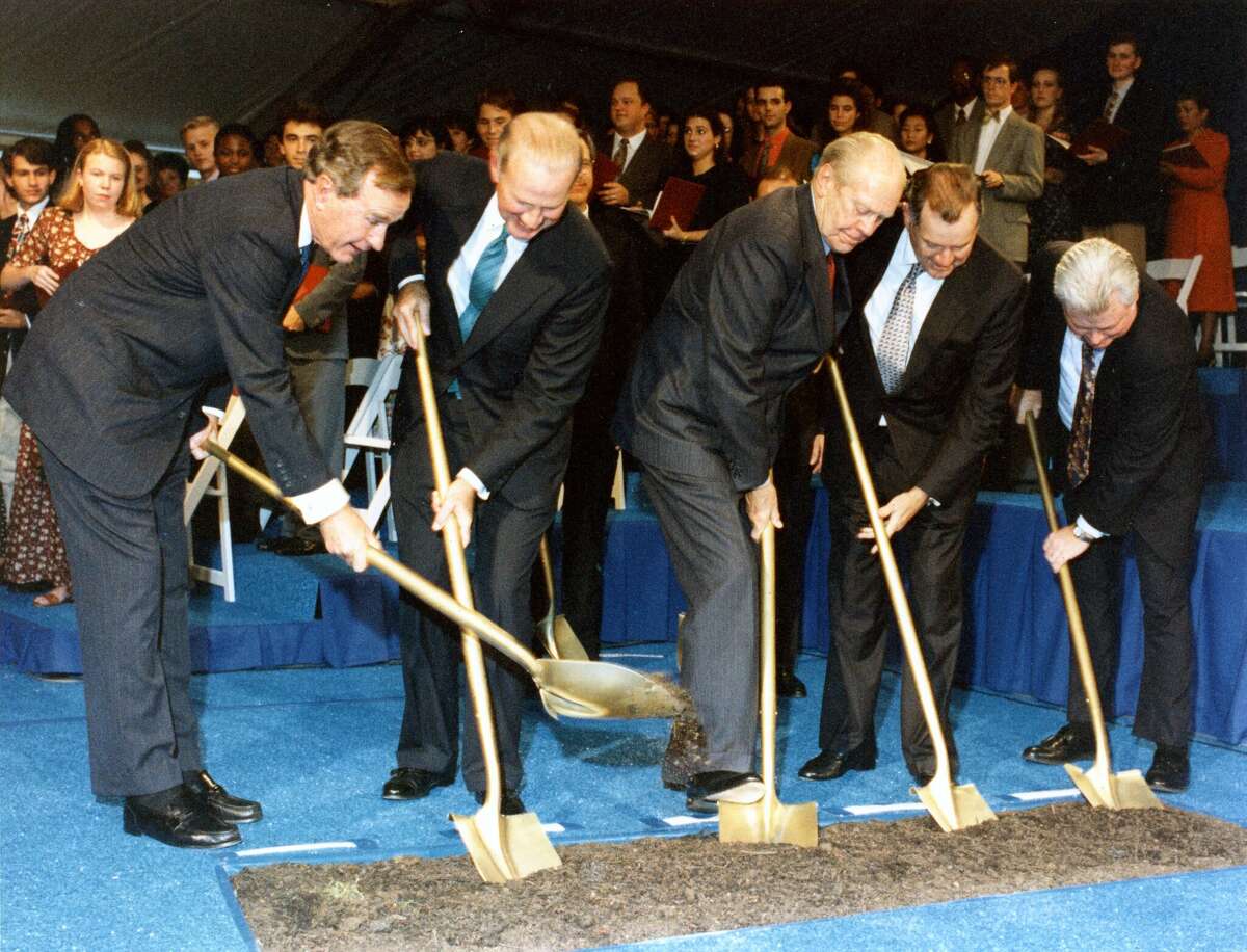 Former President George H.W. Bush, from left, former Secretary of State James Baker, former President Gerald Ford, Charles Duncan Jr. and Rice University president Malcolm Gillis help break ground for the James A. Baker III Institute for Public Policy at Rice in 1994.
