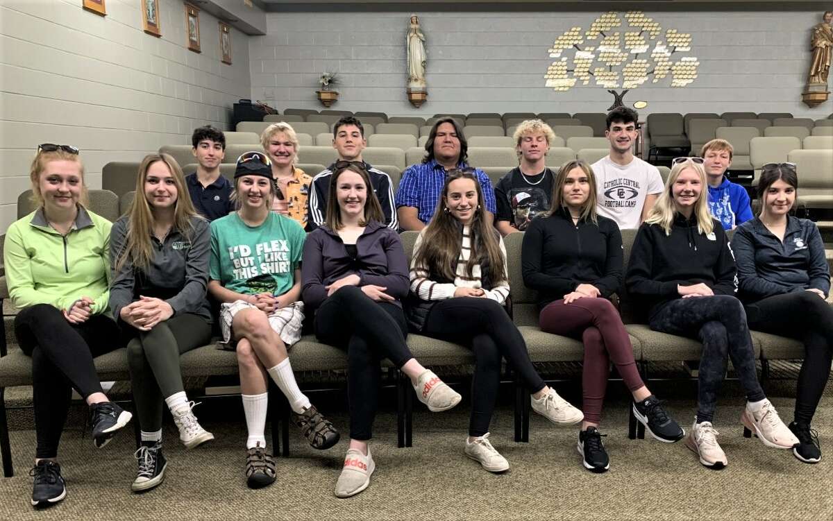 Manistee Catholic Central's homecoming court poses for a photo. Pictured are (front row, from left) Kaitlyn Duke, senior representative; Abigail Logan, Ashley VanAelst and Kaylyn Johnson, queen candidates; Angela Puebla Ramiro, honorary representative; Taylor Esiline, junior representative; Madelyn Gunia, sophomore representative; and Rianna Leiffers, freshman representative; and (back row) Diego Gamarra Garcia-Echeverria, honorary representative; Matt Gunia and Lee Pizana, king candidates; Jackson Star Chief and Nathan Oleniczak, junior representatives; Tyler Hallead, sophomore representative; and Evan Harvey, freshman representative. Not pictured: Eddie Dutkavich, senior representative; and David Kosla, king candidate.