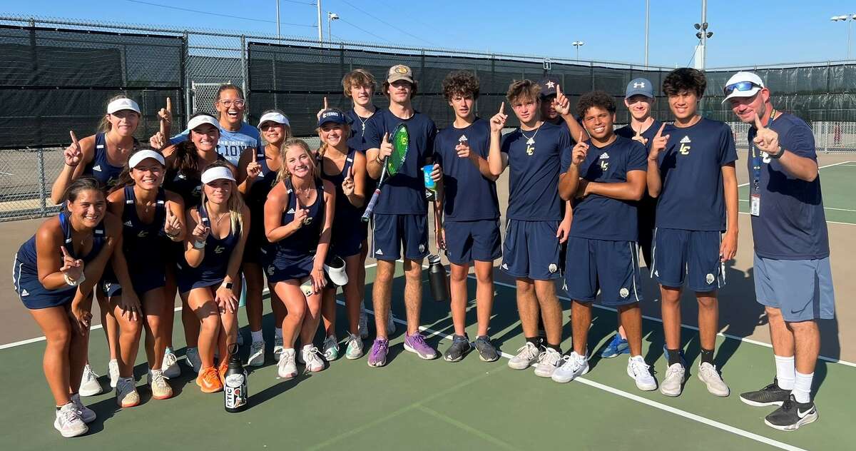 Lake Creek team tennis, shown here last week after winning the Region III-5A area championship, faces Friendswood on Thursday in the regional semifinals at A&M Consolidated High School.