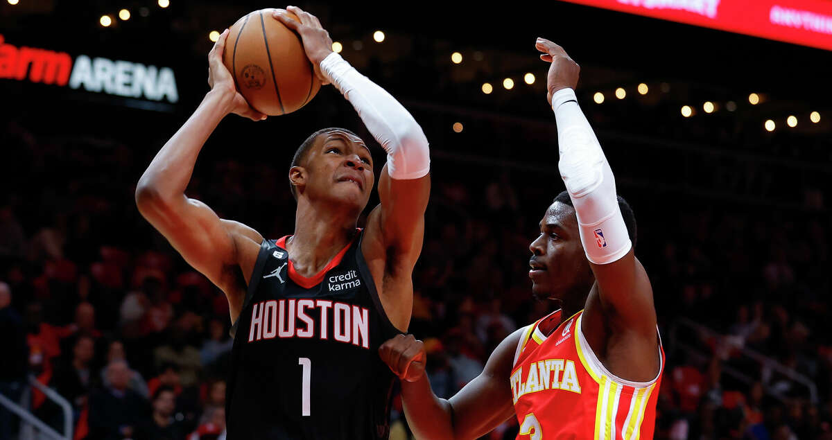 Jabari Smith Jr. #1 of the Houston Rockets looks to shoot during the first half against the Atlanta Hawks at State Farm Arena on October 19, 2022 in Atlanta, Georgia. (Photo by Todd Kirkland/Getty Images)