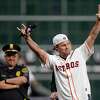 Former Houston Astros Josh Reddick acknowledges the crowd before giving the ‘Play Ball’ call in the first inning during Game 1 of the American League Championship Series at Minute Maid Park on Wednesday, Oct. 19, 2022, in Houston.