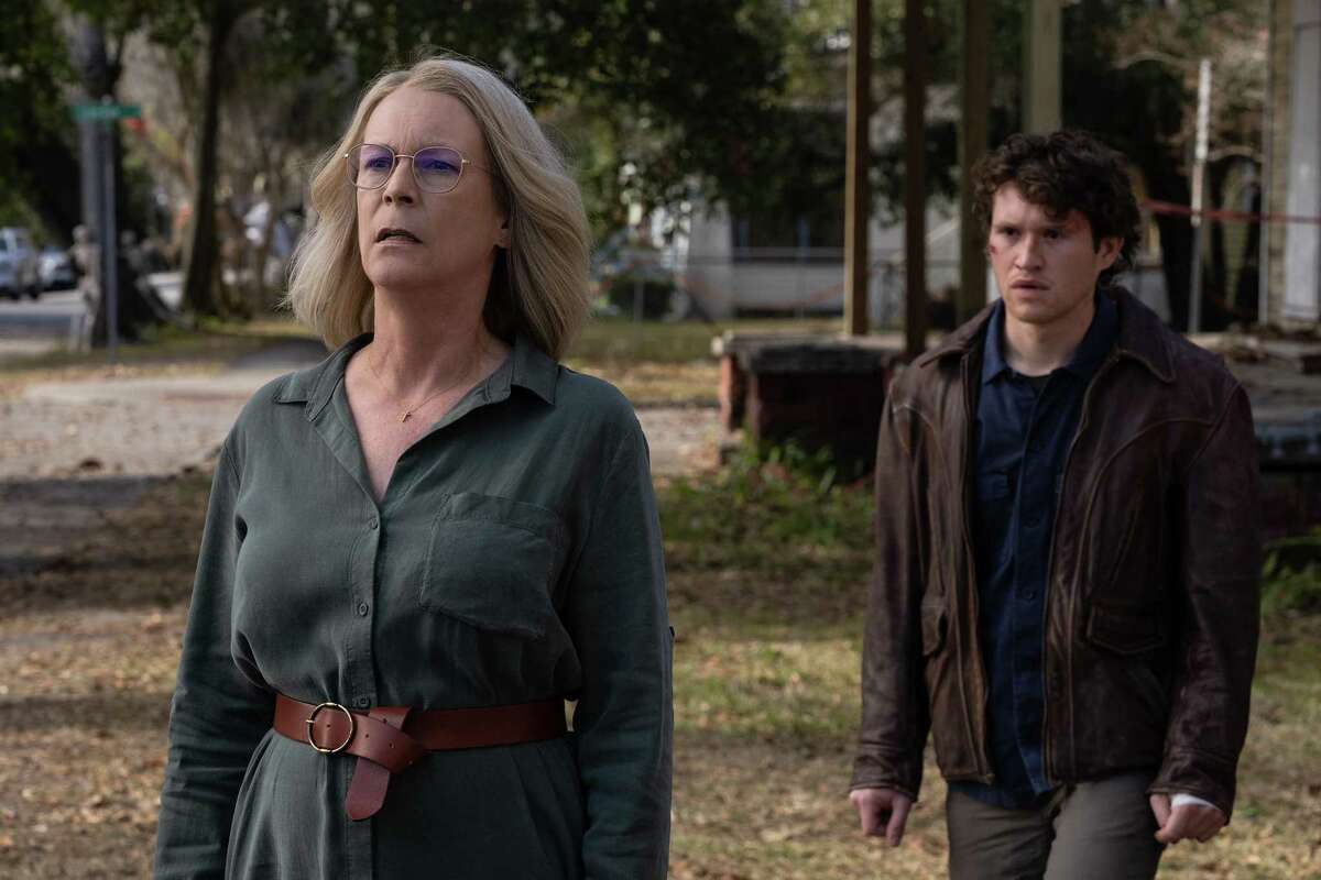 Jamie Lee Curtis, left, and Rohan Campbell in "Halloween Ends," co-written, produced and directed by David Gordon Green.