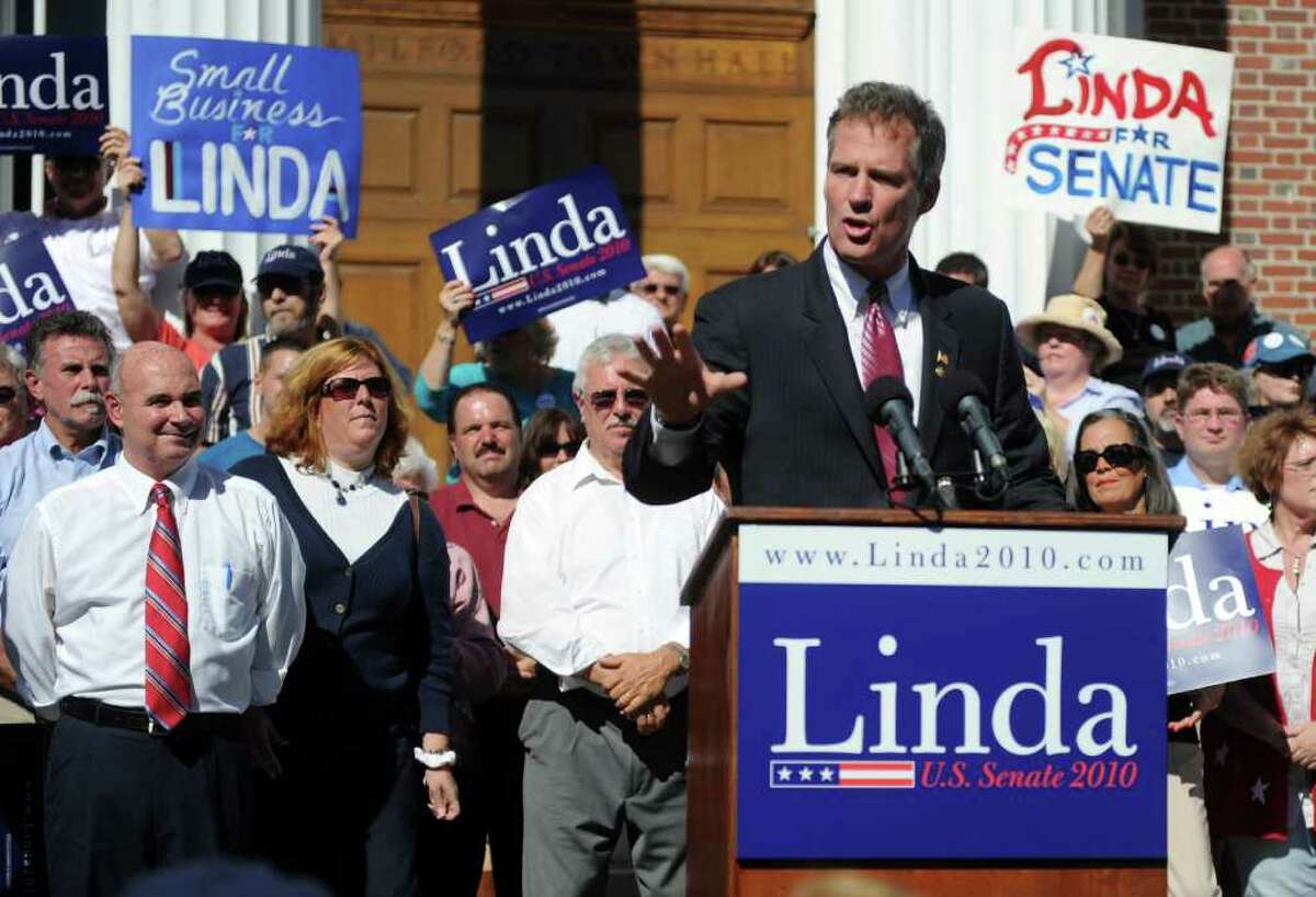 Massachusetts senator Scott Brown speaks at a rally for Linda McMahon during a rally in Milford on Saturday, October 9, 2010.