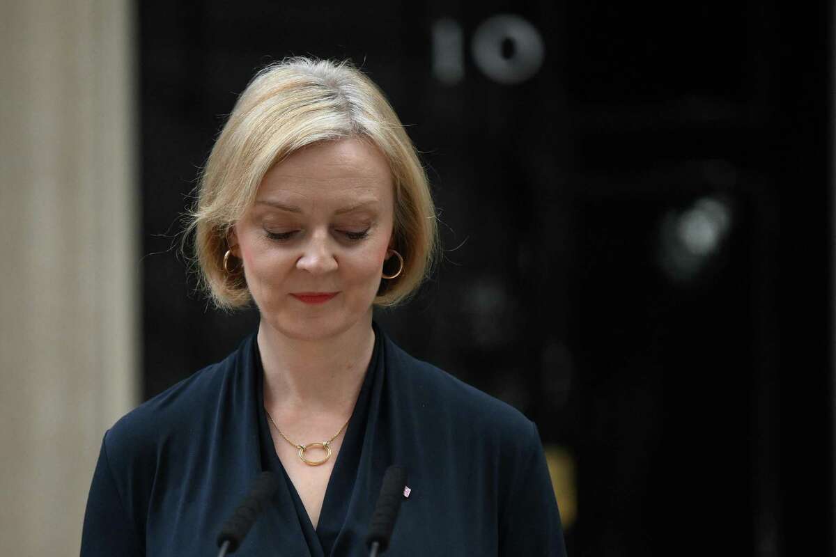 Britain's Prime Minister Liz Truss delivers a speech outside of 10 Downing Street in central London on Oct. 20, 2022, to announce her resignation. PM Truss announced her resignation on after just six weeks in office, triggering a new internal election within the Conservative Party. (Daniel Leal/AFP/Getty Images)