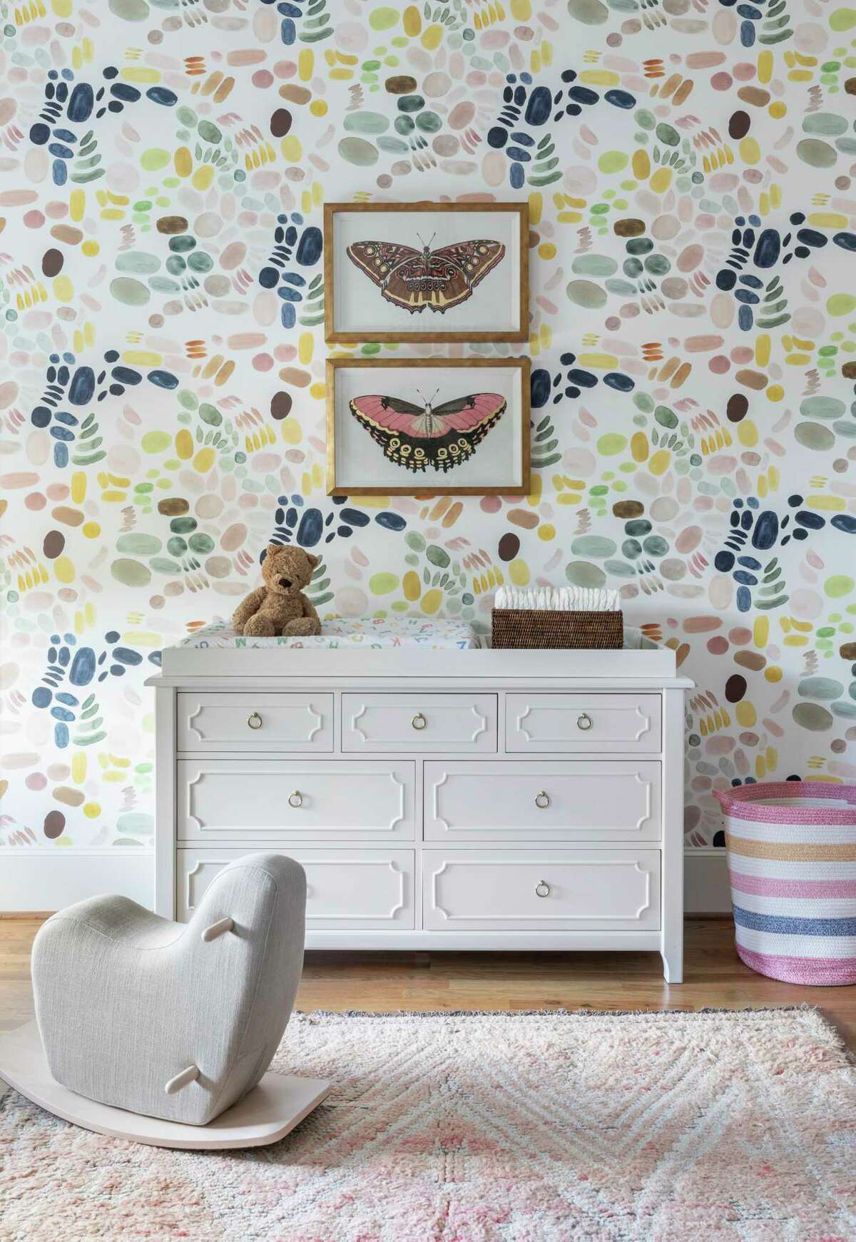 For a child's room, Houston interior designer Jana Erwin of Nest Design Group found butterfly art at Courtney Barton and a rug at Heja Home in The Arbors in Round Top.