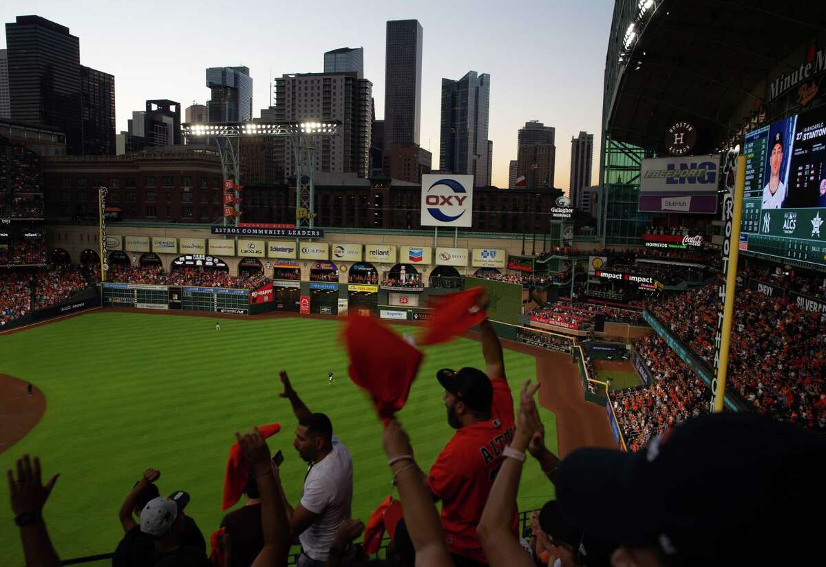 Houston Astros rally during Game 2 of American League Championship Series against the New York Yankees with the skyline Thursday, Oct. 20, 2022, at Minute Maid Park in Houston.