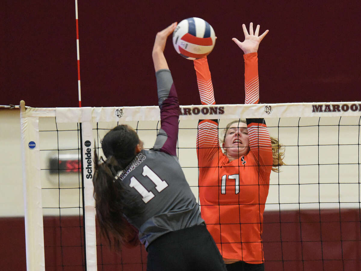 Edwardsville's Shelby Lee with a block against Belleville West on Thursday in Southwestern Conference action in Belleville.
