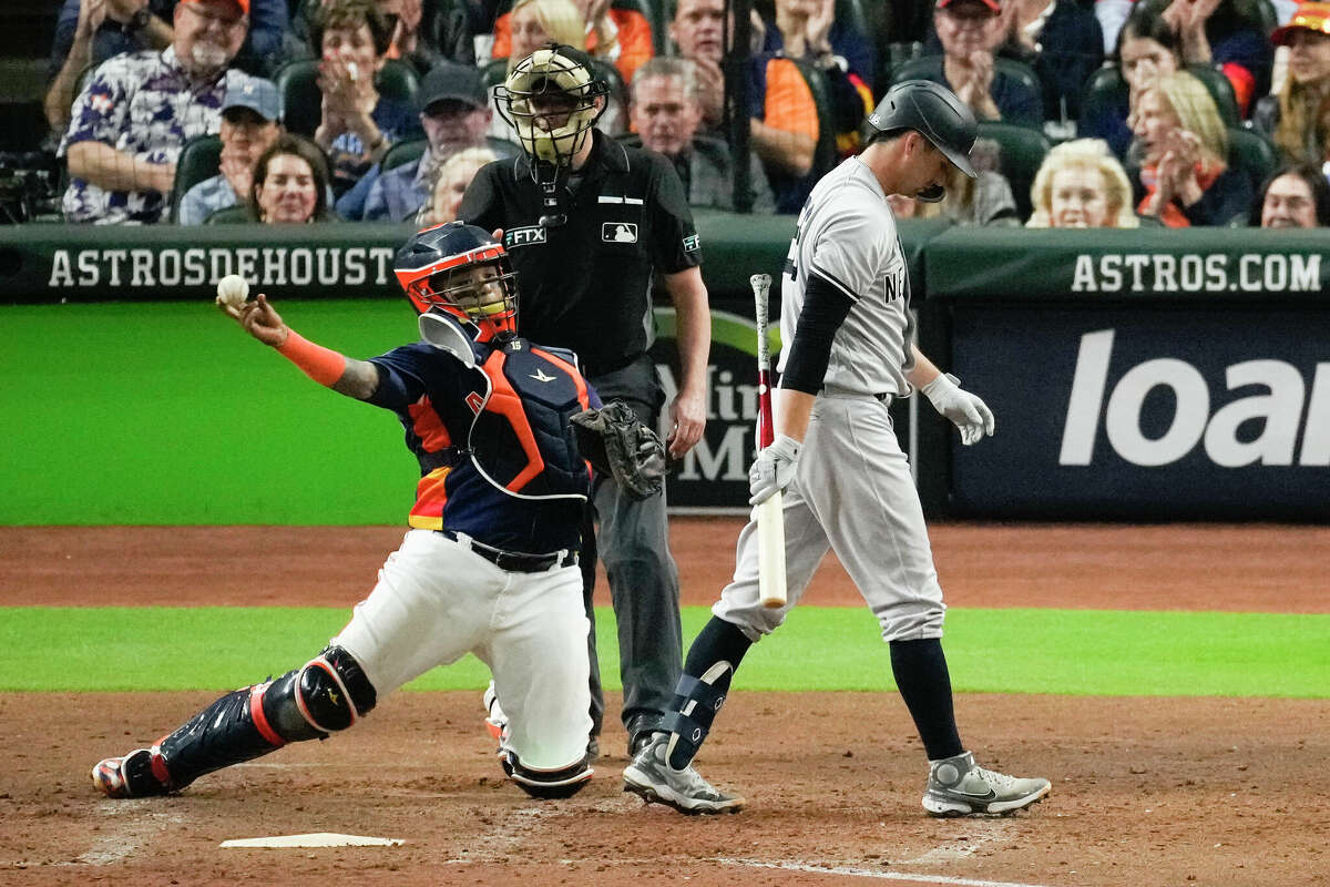 New York Yankees Josh Donaldson (28) walks back to the dugout after striking out against Houston Astros starting pitcher Framber Valdez in the seventh inning during Game 2 of the American League Championship Series at Minute Maid Park on Thursday, Oct. 20, 2022, in Houston.