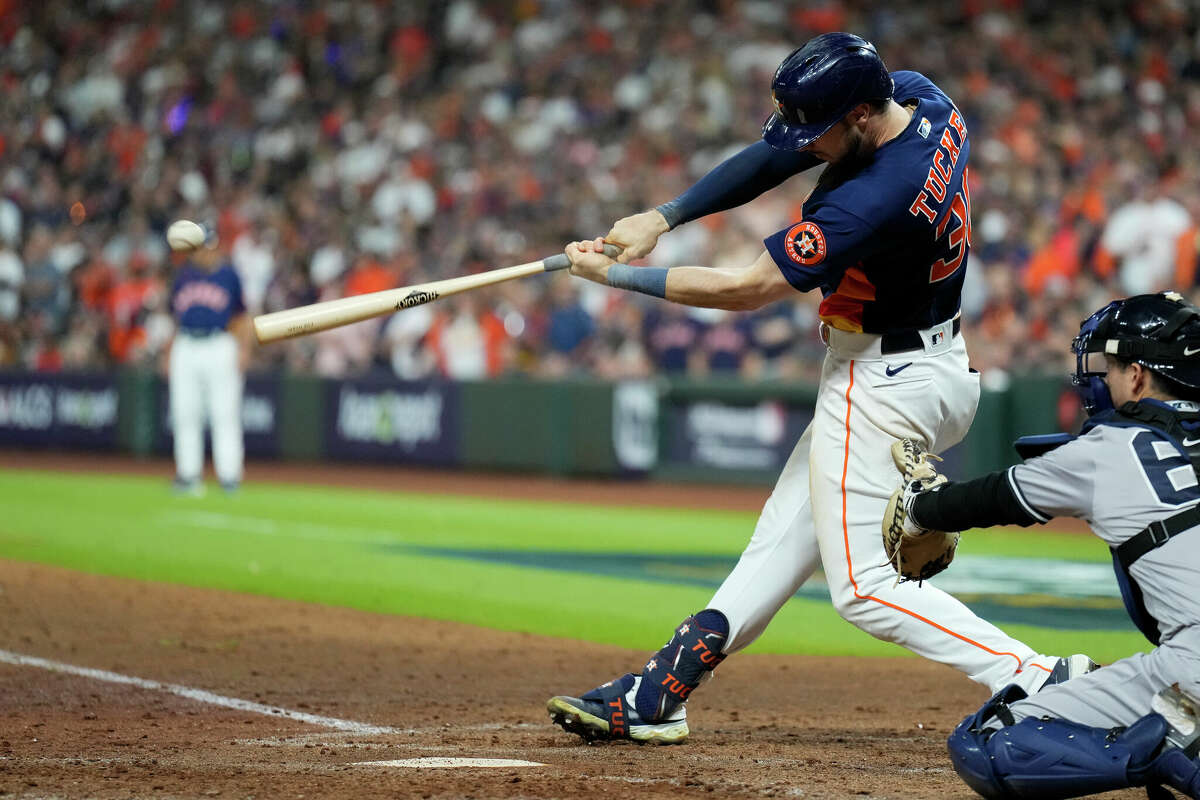 Houston Astros Kyle Tucker (30) hits a single off New York Yankees starting pitcher Luis Severino in the sixth inning during Game 2 of the American League Championship Series at Minute Maid Park on Thursday, Oct. 20, 2022, in Houston.