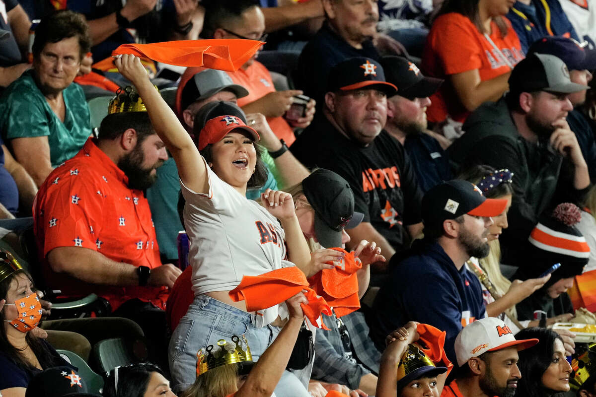 A Houston Astros fan cheers in the second inning during Game 2 of the American League Championship Series at Minute Maid Park on Thursday, Oct. 20, 2022, in Houston.