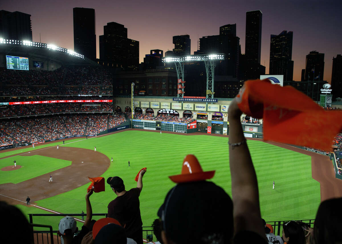Houston Astros rally during Game 2 of American League Championship Series against the New York Yankees with the skyline Thursday, Oct. 20, 2022, at Minute Maid Park in Houston.