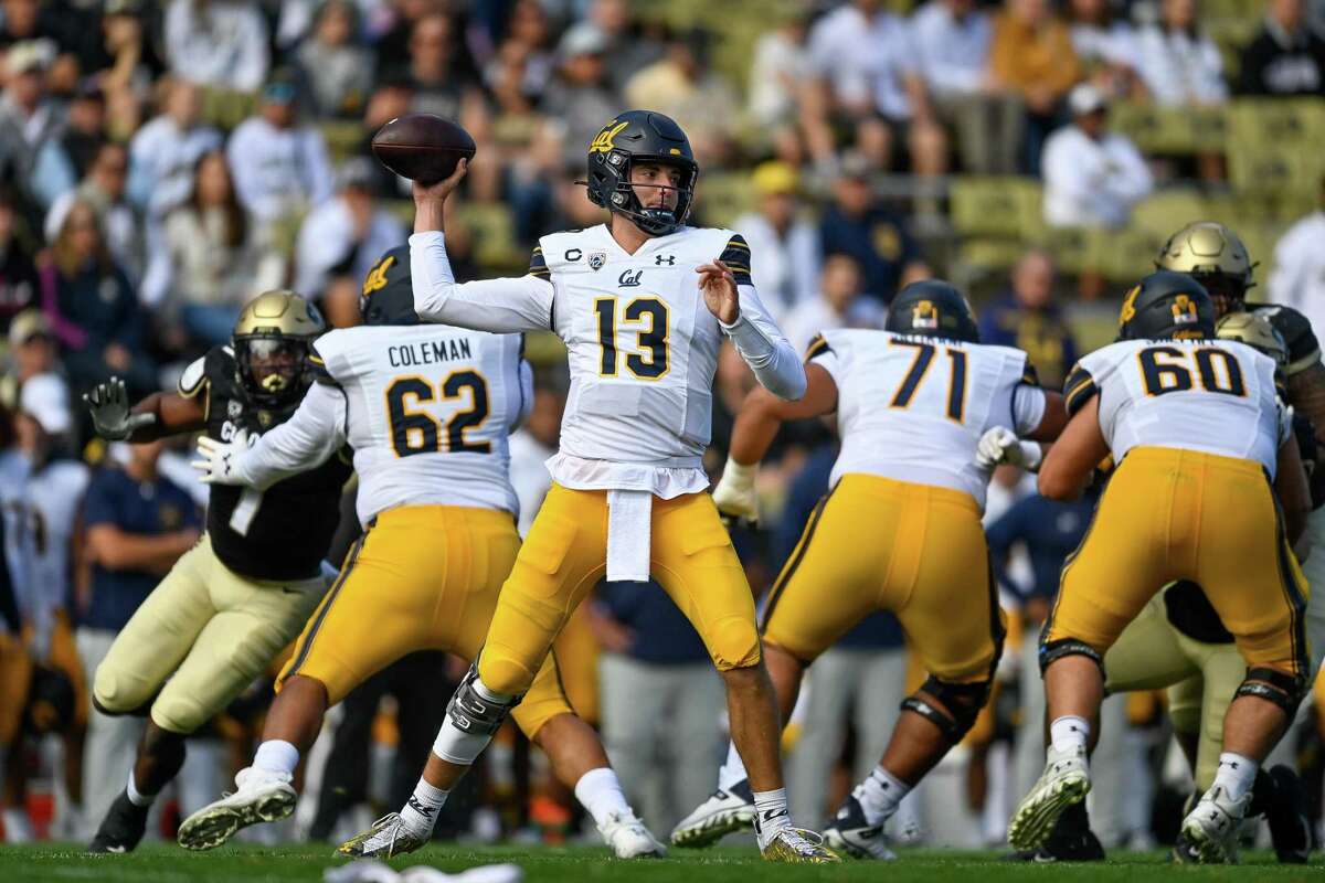 BOULDER, CO - OCTOBER 15: Quarterback Jack Plummer #13 of the California Golden Bears passes against the Colorado Buffaloes in the first quarter of a game at Folsom Field on October 15, 2022 in Boulder, Colorado. (Photo by Dustin Bradford/Getty Images)