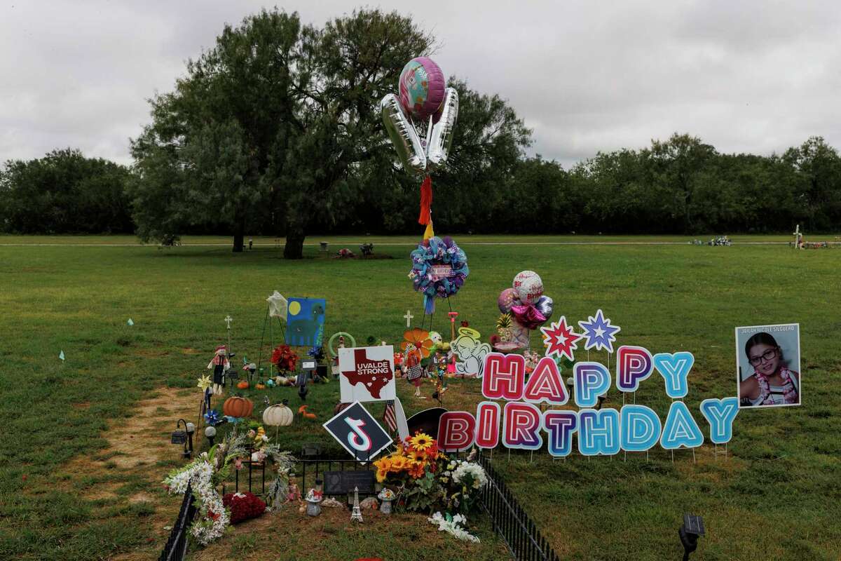 DNA kits are used to identify remains and assist with family reunification. But after Uvalde, they have become symbols of our failure to address gun violence. Here, Uvalde school shooting victim Jailah Nicole Silguero’s gravesite is decorated with birthday signs and balloons.