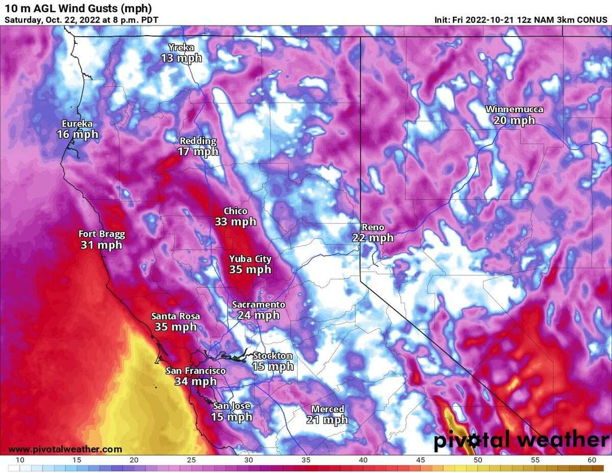 The wind gusts that are forecast by the North American weather model this Saturday evening. The strongest winds will be confined to the immediate Pacific coastline from Bodega Bay to Half Moon Bay. Winds will gust to 30-35 mph in San Francisco and the Sonoma valleys. Another burst of 25 to 35 mph wind gusts will stream into the northern Sacramento Valley this evening.