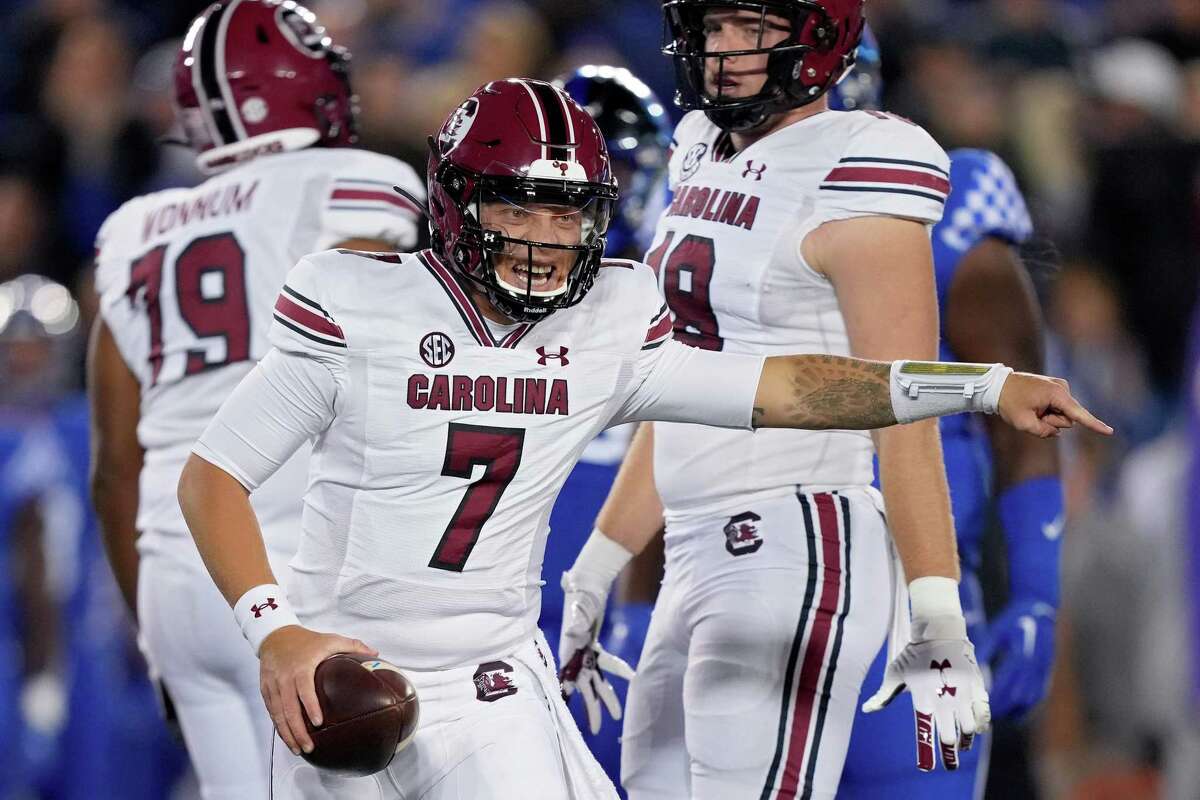 LEXINGTON, KENTUCKY - OCTOBER 08: Spencer Rattler #7 of the South Carolina Gamecocks reacts after a penalty in the first quarter against the Kentucky Wildcats at Kroger Field on October 08, 2022 in Lexington, Kentucky. (Photo by Dylan Buell/Getty Images)