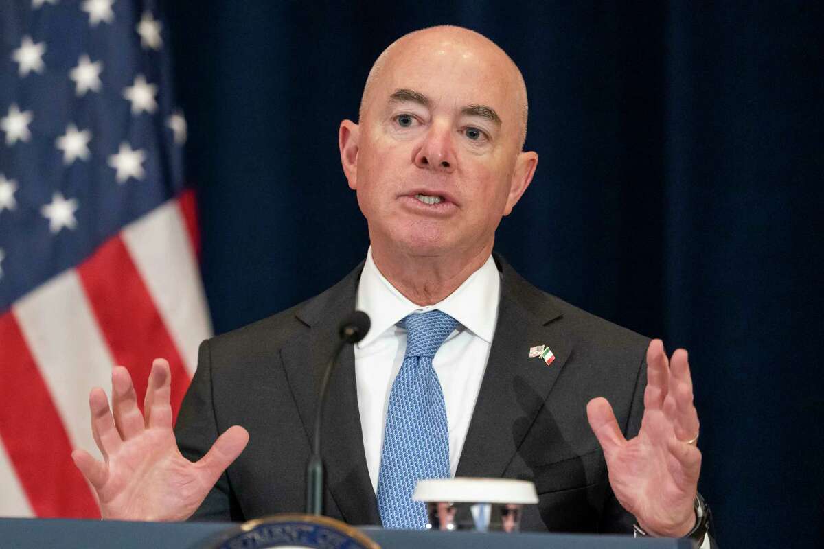 Homeland Security Secretary Alejandro Mayorkas speaks during a news conference during the U.S.-Mexico High-Level Security Dialogue, at the State Department, Thursday, Oct. 13, 2022, in Washington.